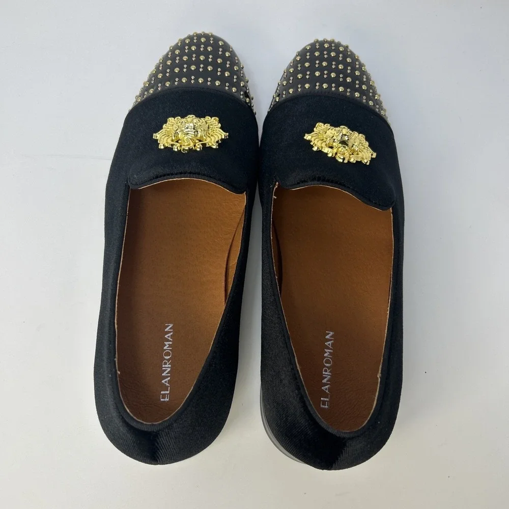 ELANROMAN Men's Velvet Loafers Black Gold Crest Studded Toe Size 13 EU 47 NWB